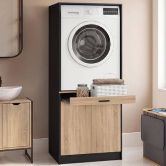IDMarket Mueble Elevador Para Lavadora O Secadora Wallis Con Bandeja Deslizante Para La Cesta De La Ropa Y Armario En Negro Y Madera
