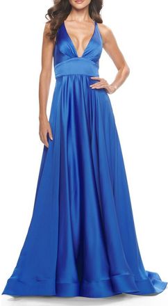 La Femme A-Line Satin Gown with Deep V and Slit in Royal Blue at Nordstrom, Size 14