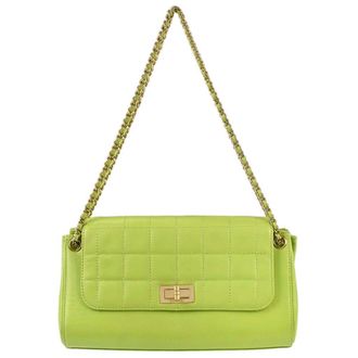 Chanel Chocolate Bar Mademoiselle Lock Chain Quilted Denim Green Leather Handbag (Pre-Owned)
