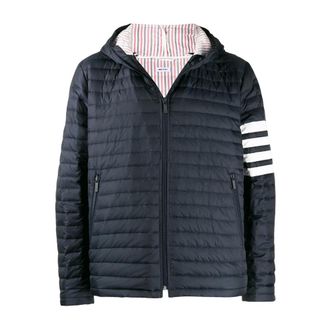 Thom Browne Jassen, Heren, Blauw, M, Blauw donsjack met 4-Bar streep
