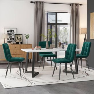 Merax Marble Effect Dining Table Set with 4 Velvet Chairs, 117&times;68cm in Green
