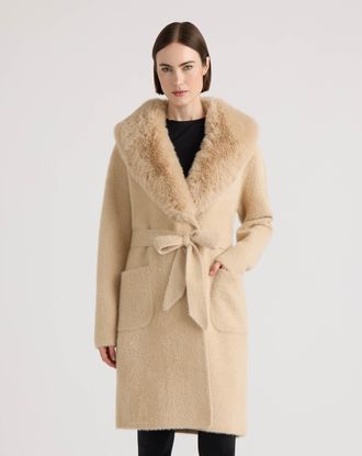NVLT Womens Eyelash Belted Coatigan with Faux Fur Collar