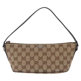 Gucci Web Boat Pochette Gg Canvas And Leather Beige Canvas Handbag (Pre-Owned)