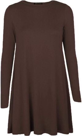 Generic AA Essential Womens Ladies Plain Jersey Bang Tartan Print Long Sleeve Party A Line Skater Flared Swing Dress Tee Top (Brown, 16-18)