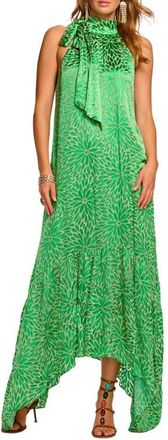 Ramy Brook Nickola Tie Neck Sleeveless Maxi Dress in Bright Palm Burnout at Nordstrom, Size X-Small