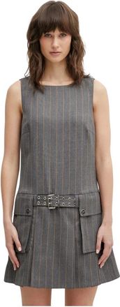 Ganni Kleedjes, Dames, Grijs, S, Wol, Stripe Belted Mini Jurk