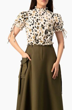 Ivonne Abstract Animal Print Crop Blouse, Puff Sleeve Ruffle Neck Top in Olive Green at Nordstrom, Size 14