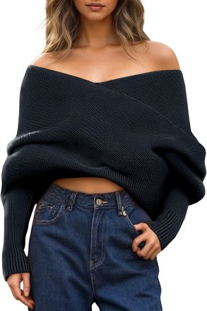 Generic Womens Knitted Jumpers Off Shoulder Sweater Scarf Soft Comfort Warmth Pullover Sweaters Ladies Spring Autumn Winter Fitted Jumpers for Women Classic P