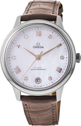 Omega De Ville Prestige Co-Axial Master Chronometer 34mm Automatic Mother of Pearl Diamond Dial Leather Strap Womens Watch 434.13.34.20.55.001