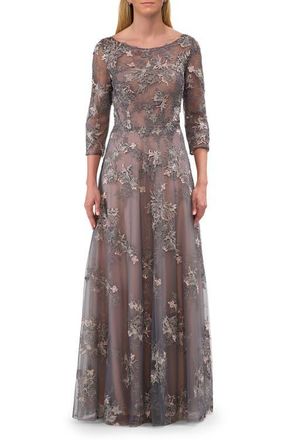 La Femme Two Tone Long Gown with Lace and Illusion Neckline in Pink/gray at Nordstrom, Size 10