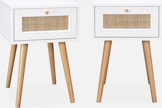 Sweeek Sweeek - Mesita De Noche Con Efecto Madera Y Ca&ntilde;a, Set De 2, Boheme, Blanco Roto, 39x39x55.4 Cm