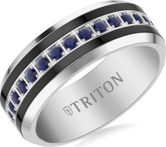 Triton 8MM Tungsten Carbide Sapphire Eternity Ring with Satin Bright Finish and Bevel Edge in Blue at Nordstrom, Size 12.5