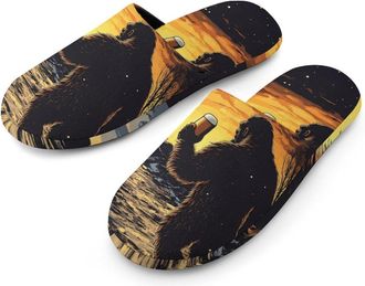 Generic Bigfoot With Beer Sunset Mens Slippers Flannel Warm House Shoes with Rubber Anti-Slip Sole Slip On for Home Outdoor