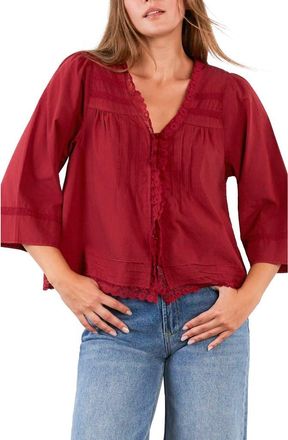 BILLY T Fable Floral Lace Trim Cotton Blend Button-Up Shirt in Pomegranate at Nordstrom, Size X-Small