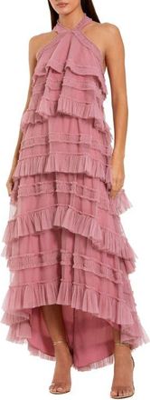 Mac Duggal Dot Mesh Ruffle Halter Neck Ankle Dress in Rose at Nordstrom, Size X-Small