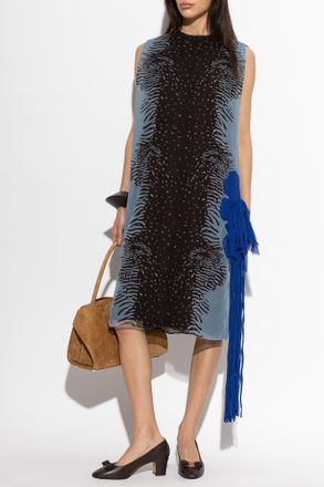 Ferragamo Silk Dress With Decorative Fringes, Womens, Blue