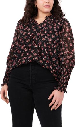 1.State Floral Print Smocked Top in Black/Multi at Nordstrom, Size 2X