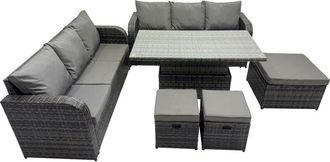Fimous Rattan Garden Furniture Dining Set 9-seater Patio Height Adjustable Rising Lifting Table Sofa Set with 3 Footstools Dark Grey Mixed - Fimous