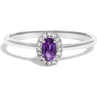 House of Brilliance 10K White Gold Oval and Diamond Accent Halo Birthstone Ring in Purple Amethyst at Nordstrom, Size 7.5