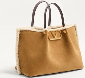 Valentino Garavani Borsa Shopping Media Valentino Garavani In Suede E Fodera In Montone Donna HAVANA BEIGE UNI