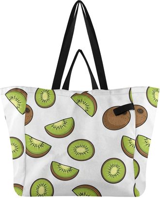 Generic Fruit Kiwi White print Reusable Canvas Tote Bag, Heavy Duty Grocery Shopping Bag with Hard Bottom Large Capacity Double Handles Work Groceries Travel