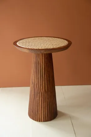 Kalalou Round Wooden Side Table With Woven Cane Top
