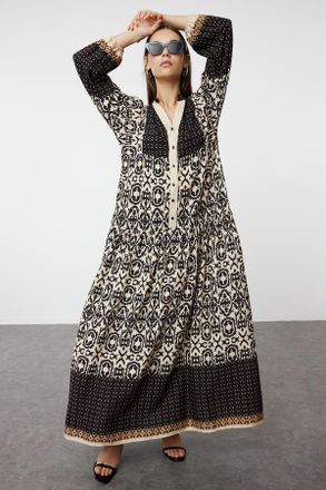 Trendyol Modest Dames Zwart Etnisch patroon Maxi Lang Casual A-lijn Modest Jurken