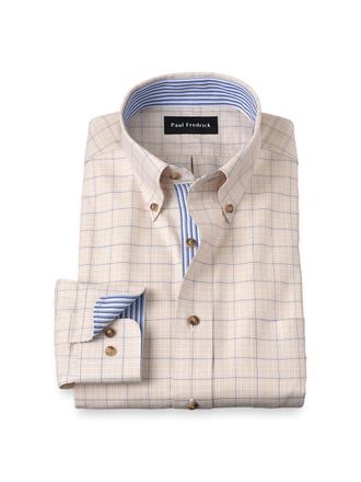 Paul Fredrick Tailored Fit Non-iron Cotton Glen Plaid Dress Shirt With Contrast Trim