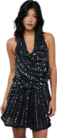 Warehouse Sequin Cowl Front Flippy Mini Dress in Black at Nordstrom, Size 10