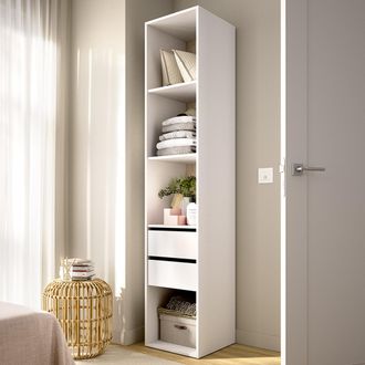 Dmora Armario Grande Claymont, Dormitorio 3 Estantes, 2 Cajones, Puerta Corrediza, 45x205h Cm Blanco