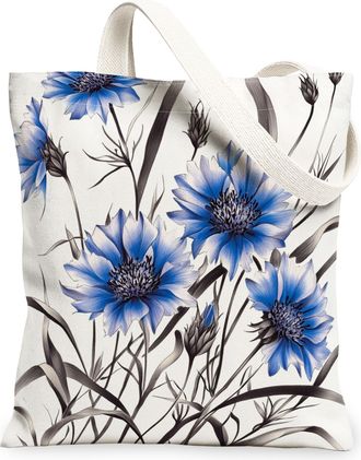 Generic Spring Cornflower Flower Canvas Tote Bag for Shopping 13x15, Simple Cute Florals Plant Reusable Grocery Print Bag for Women, Botanical Beach Aesthetic