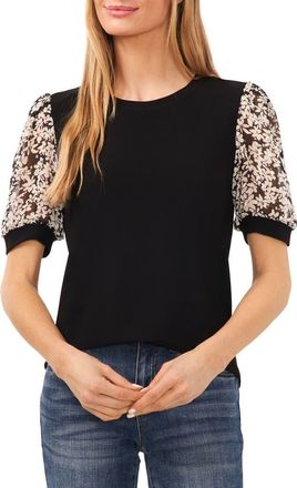 CeCe by Cynthia Steffe Daisy Puff Sleeve Mix Media Top in Rich Black at Nordstrom, Size X-Small