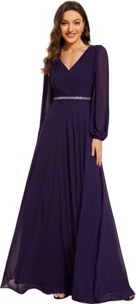 Ever-pretty Evening Dress Long Sleeves V Neck A-Line Prom Dresses Dark Purple 30