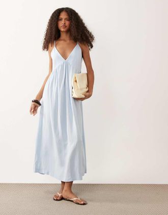 Asos Prendisole lungo in misto lino blu con scollo a V profondo