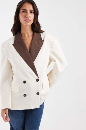 Asos Blazer in misto lino color crema con rever in coordinato-Bianco