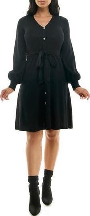 Nina Leonard Waist Tie Ribbed Long Sleeve Sweater Dress in Black at Nordstrom Rack, Size X-Large