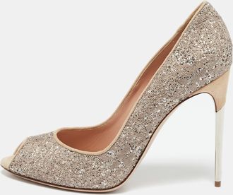 Sebastian Beige/silver Lace And Glitter Peep Toe Pumps