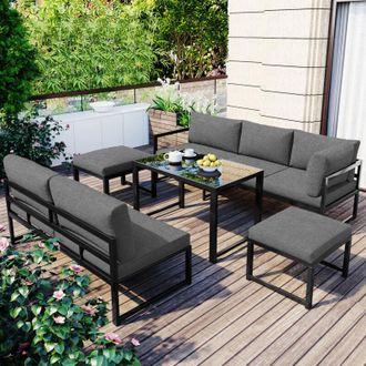 C&A Outdoor Garden Lounge Sofa Set with Reclining Backrest,Adjustable in Four Directions,Grey Cushions Included
