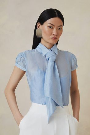 Karen Millen Womens Organza Woven Tie Neck Blouse - Blue Linen - Size 14 UK
