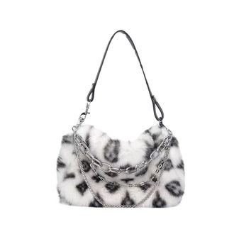 Generic Compatible For Fur Leopard Shoulder Bag Womens Autumn Ladies Print Clutch Purses Fluffy Top Handle Bags(White)