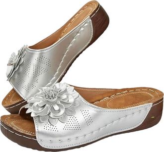 Generic Comfortable Non-Slip Solid Color Open-Toe Wedge Sandals for Women -Summer Dressy Casual Orthopedic Sandals with Arch Support (Silver, Adult, Women, 5,