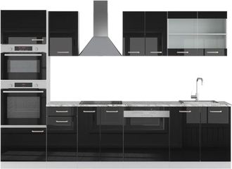 Vicco Cucina componibile R-Line, Nero lucido/bianco, 300 cm con armadio alto, senza piano di lavoro