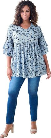 Roaman's Hand Crinkled Flutter Sleeve Tunic in Pale Blue Tossed Floral at Nordstrom, Size 14