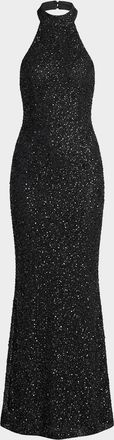 Mac Duggal Backless Beaded Halter Gown