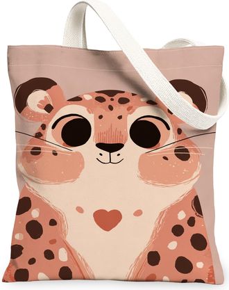 Generic Cute Animal Canvas Tote Bags, Adorable Leopard Pattern Lightweight Reusable Grocery Bags, Seasonal Stylish Washable Shoulde, Peach, 13x15 Inch