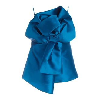 Alberta Ferretti Teal Blue Silk Blend Maxi Bow Top - Dames - Tops zonder mouwen - Blauw - M - Polyester - Tops