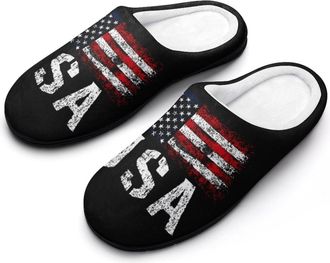 Generic USA Patriotic Flag Mens House Slippers Memory Foam Washable Cotton Slip on Home Shoes