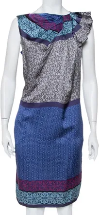 Emporio Armani Blue Printed Silk Draped Neck Detail Shift Dress