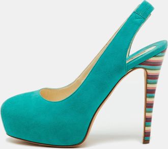 Brian Atwood Turquoise Blue Suede Platform Slingback Pumps