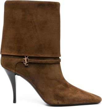 Saint Laurent Bruine leren enkellaarsjes Cassandre stijl - Dames - Laarzen met Hak - Bruin - 38 1/2 EU - Leer - Schoenen